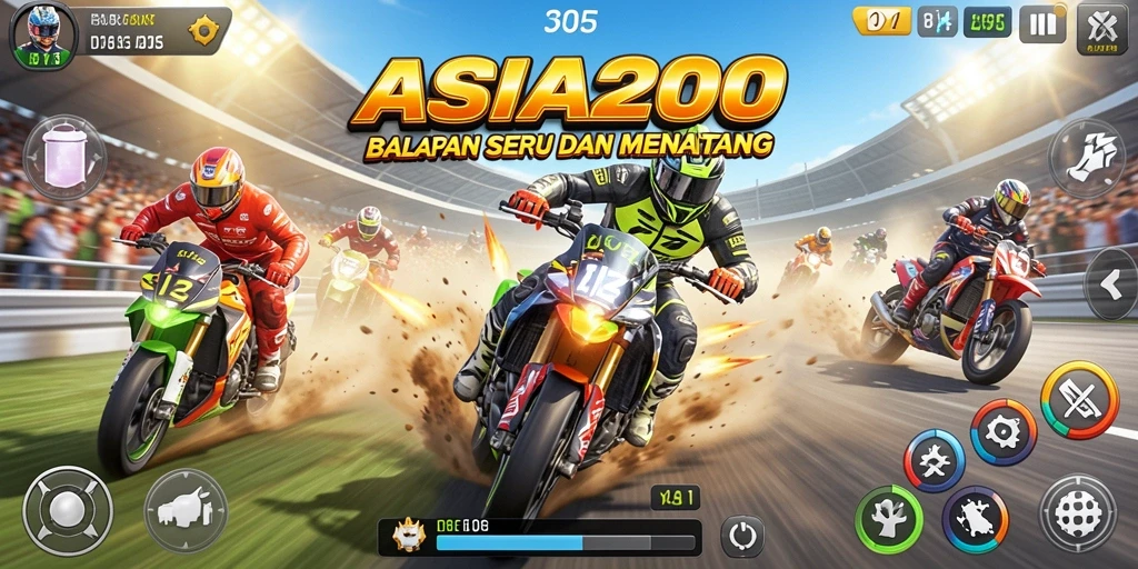 Screenshot gameplay ASIA200 menampilkan aksi balapan yang mendebarkan.