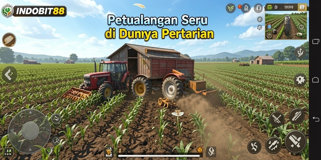 Tangkapan layar gameplay INDOBIT88 menampilkan ladang yang subur dan hewan ternak.