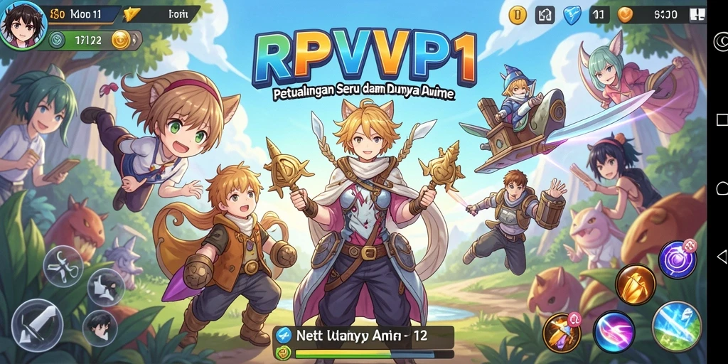 Screenshot gameplay RPVIP1 menampilkan karakter anime yang penuh aksi.